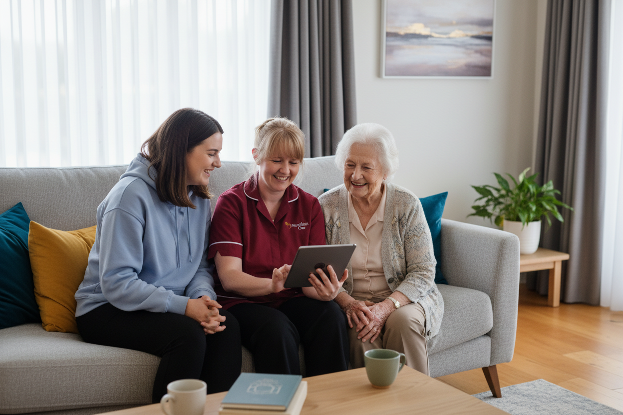 Carer with tablet engaging with younger family member and elderly person on sofa